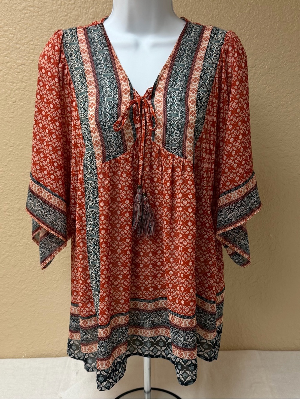 4/$20 Knox Rose Boho Tie-Front Peasant Top in Rust